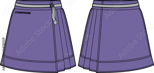 Women pleated Tennis mini pleated skirt jersey design flat sketch fashion Illustration for girls and Ladies, Running trail skirt concept with front and back view for tracking active wear.