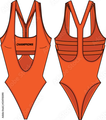 Women Deep front neck Leotard with bra active wear design flat sketch fashion Illustration, Bodysuit swimsuit suitable for girls and Ladies . Bodycon Swimwear active clothing.