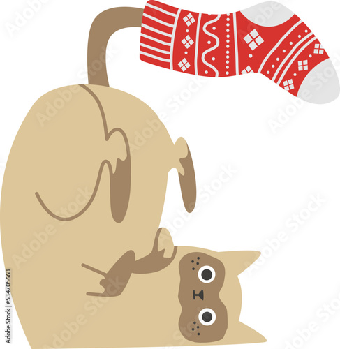New Year vector illustration. Cute cat lying upside down with a New Year sock on his tail