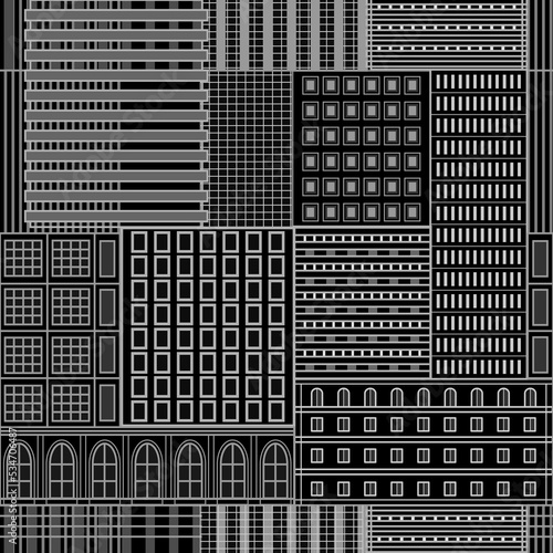 Abstract urban landscape. Cityscape. Multi-storey building. Seamless vector pattern.