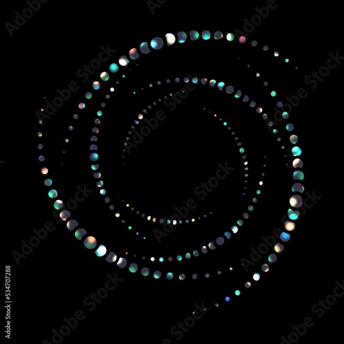 Iridescent glare beads curve lines abstract geometric object on black background isolated. Glittering repeat dots decorative element.