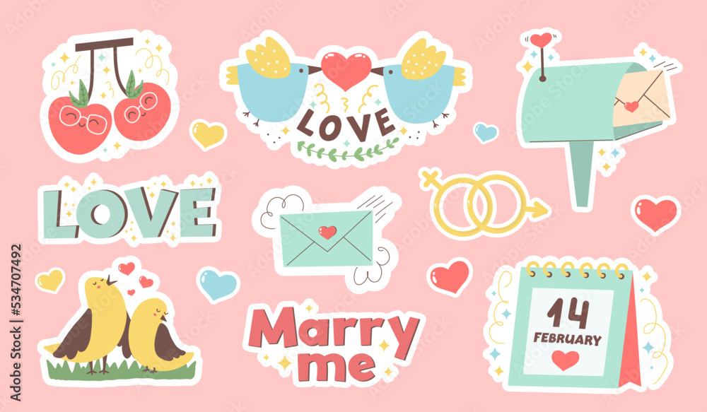 Fototapeta premium Bundle of St. Valentine s day design elements. Colored vector illustration.