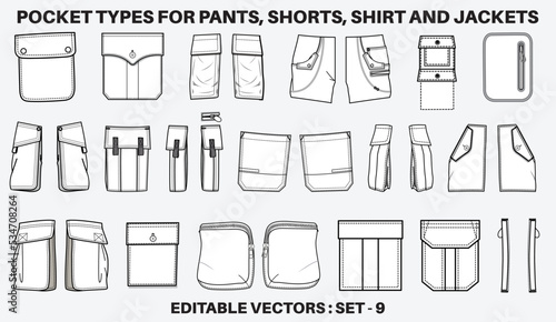 Patch pocket flat sketch vector illustration set, different types of Clothing Pockets for jeans pocket, denim, sleeve arm, cargo pants, dresses, bag, garments, Clothing and Accessories