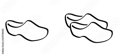 Cartoon walk clogs, farms clogs. Traditional Dutch wooden clogs from te cite Amsterdam, Volendam and Marken. Souvenir for tourist. Holland shoe. Line pattern
