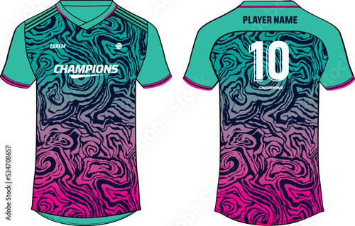 Sports t-shirt jersey design flat sketch vector illustration, marble fossil pattern Football jersey with front and back view for Soccer, Cricket, Volleyball, Rugby, tennis, badminton uniform kit