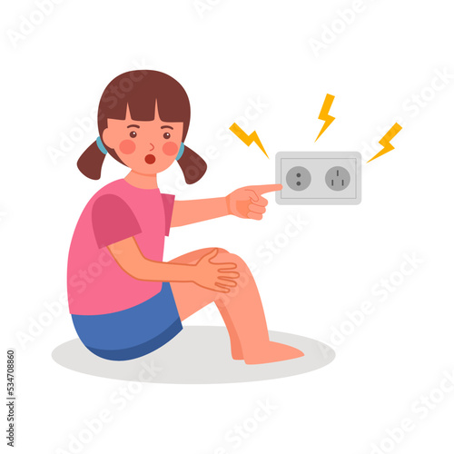 Girl child touching electrical socket in flat design.