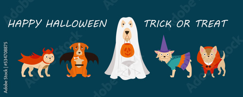 Cute Dogs of Different Breeds in Halloween costumes set. Funny Pets Animals Dressed for carnival part. Holiday celebration cartoon style vector Illustration