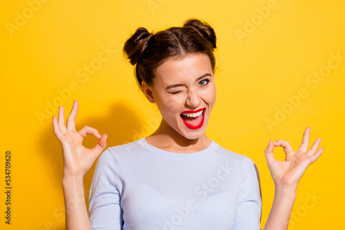 Obraz na płótnie Photo of pretty attractive female flirty winking her eye showing okay symbol iso