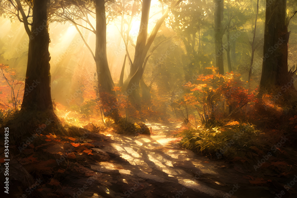 Obraz premium Sunlight in an autumn forest. 