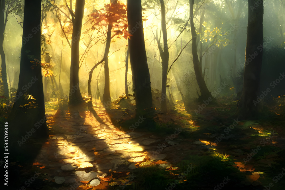 Obraz premium Sunlight in an autumn forest. 