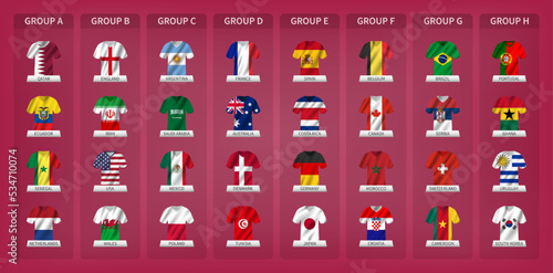 Qatar soccer cup tournament 2022 . 32 teams group stages with jersey and waving country flag pattern . Vector .
