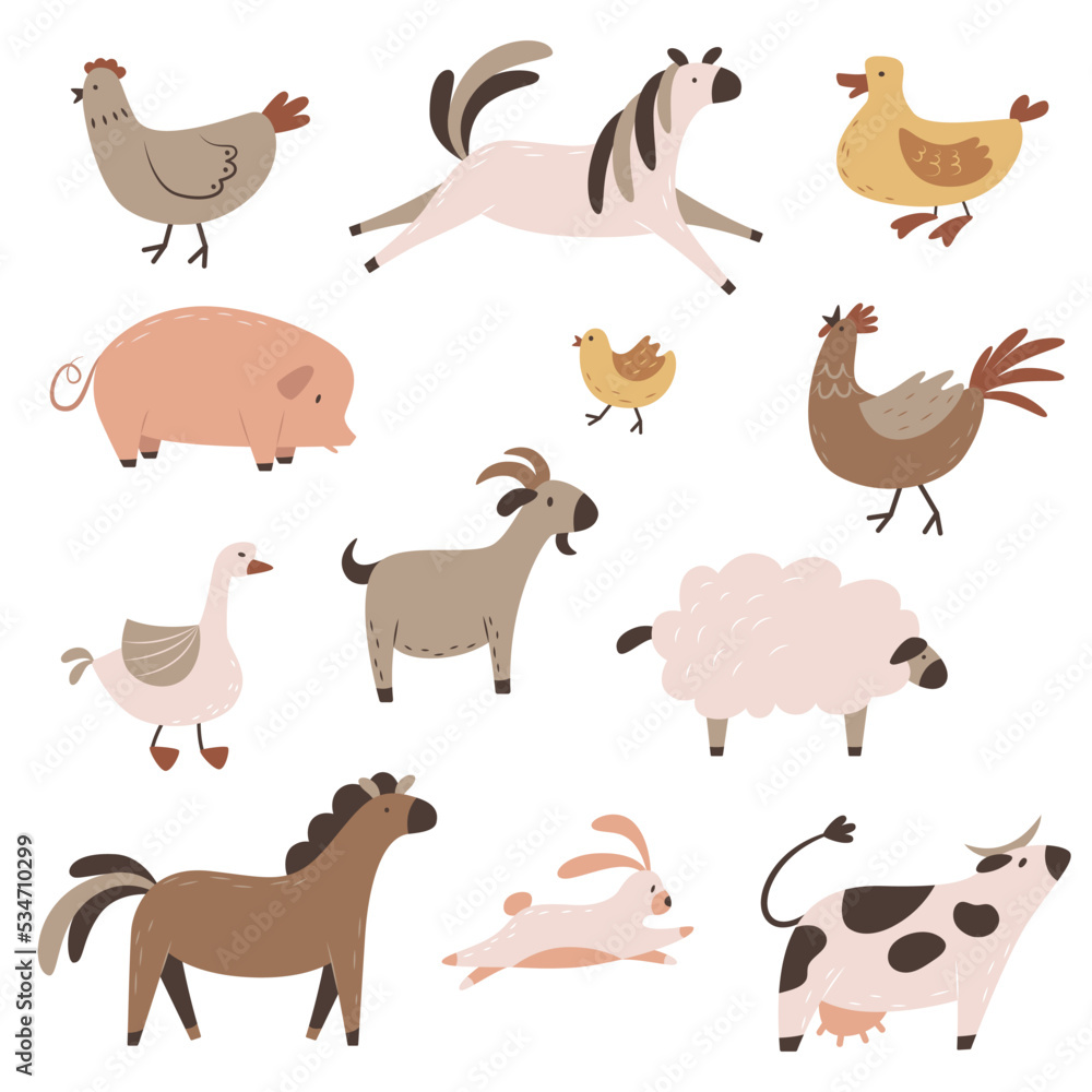 Collection of farm domestic animals. Set of simple doodle illustrations. Poultry, dairy animals, horses and other ranch residents. Clipart for stickers, children's book design. Collection of farm domestic animals. Set of simple doodle illustrations. Poultry, dairy animals, horses and other ranch residents. Clipart for stickers, children's book design.
