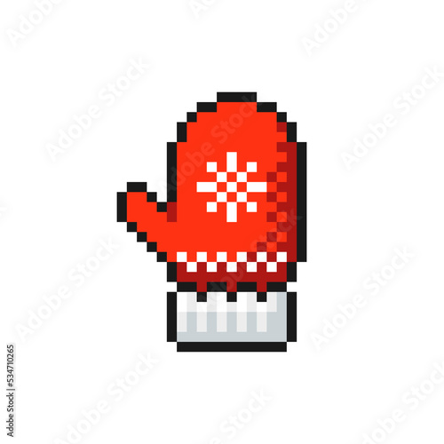 Christmas mitten icon in pixel art design isolated on white background, Christmas and New Year vector sign symbol.