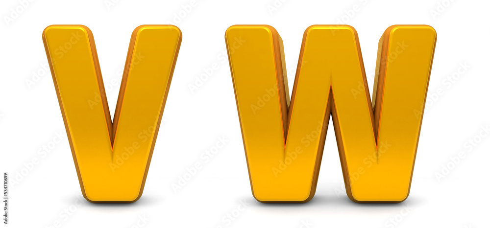 Golden Alphabet 3d isolated on white background. Gold 3d font VW. 3D golden letters. Alphabetical font 3d. 3D rendering Golden Alphabet 3d isolated on white background. Gold 3d font VW. 3D golden letters. Alphabetical font 3d. 3D rendering