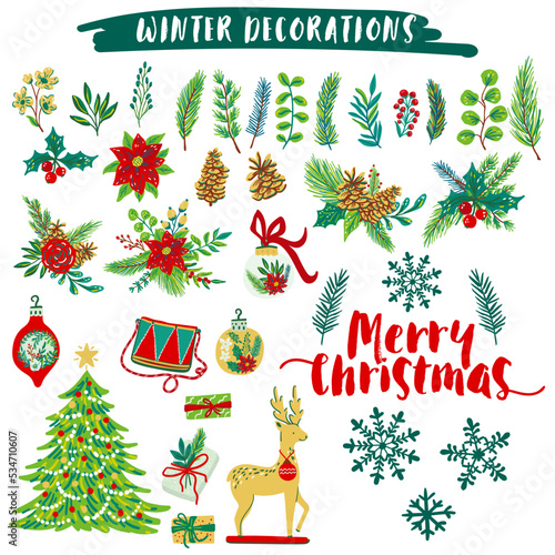 Christmas winter decorations set with winter botanicals, wreaths, bouquets, lettering, drum, christmas tree, deet, snowflakes, ornaments for using on winter greeting cards, backgrounds.
