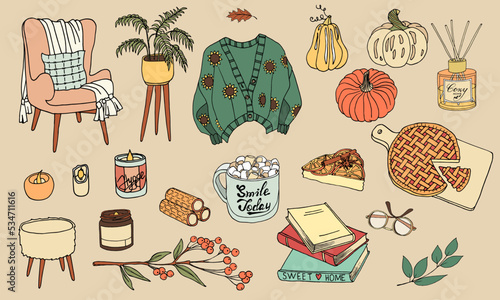 Autumn hygge cozy set of doodle elements. Hand drawn isolated sweaters, cup of tea, candles, leaves, pumpkins, books, glasses, pie. Cute collection fall decoration vector illustration.