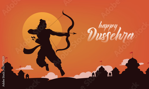 Happy Dussehra text with an illustration of Lord Rama and temple background for Indian festival Dussehra banner, template, card design