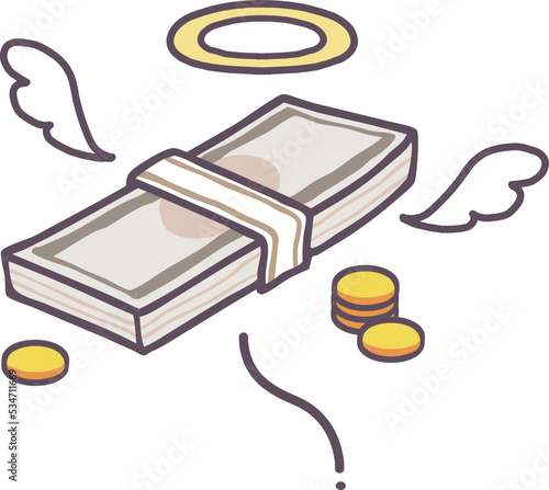 お金が飛んでいく　飛ぶ　羽　天使の輪っか　浪費　お金がない　なくなる　金欠のイラスト素材