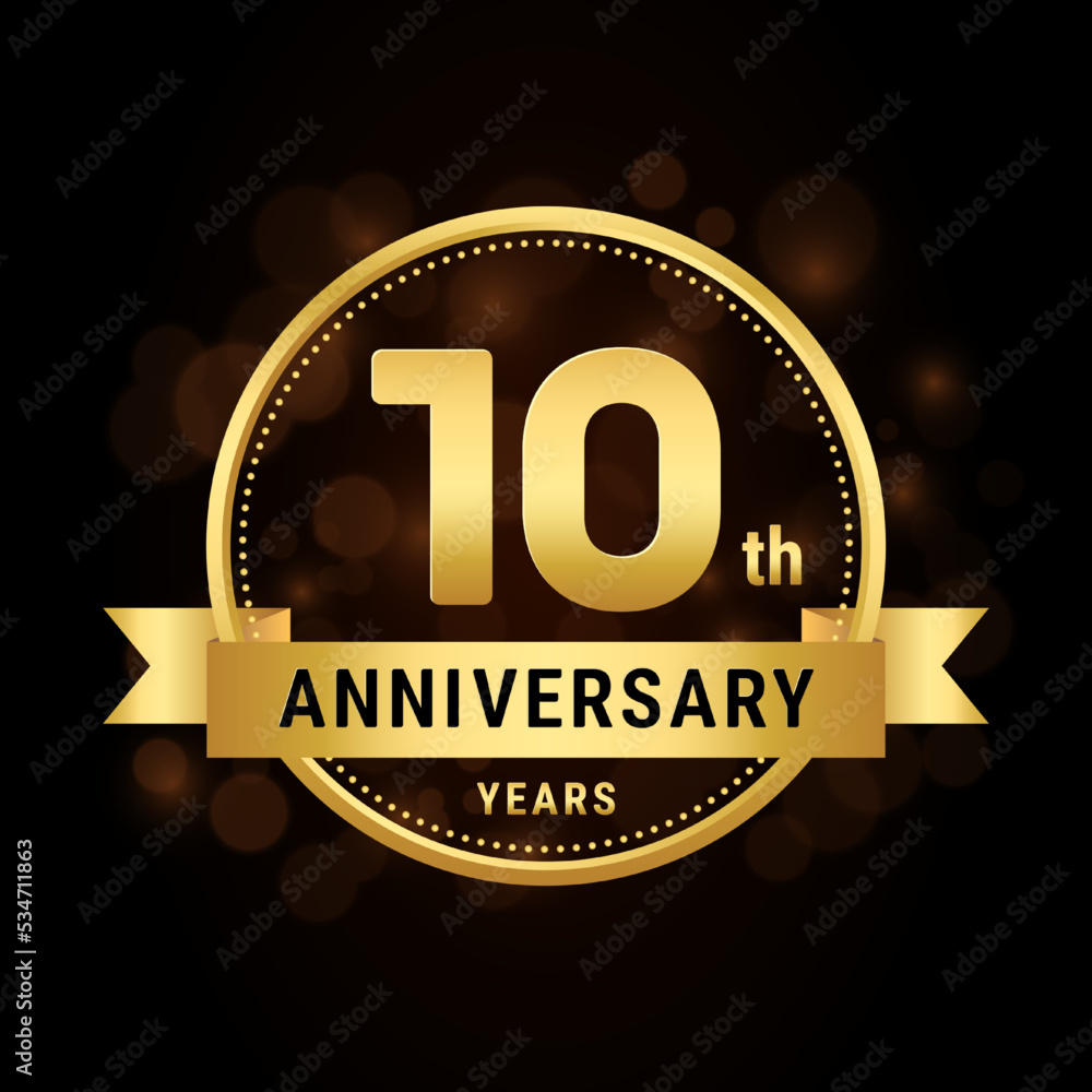 Fototapeta premium 10th anniversary, anniversary celebration template design with gold ribbon. Logo vector illustration