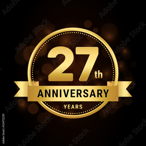 27th anniversary, anniversary celebration template design with gold ribbon. Logo vector illustration