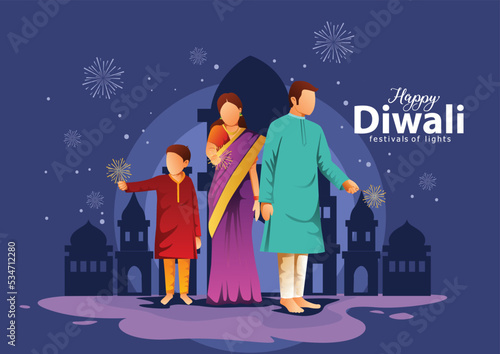 Indian festival Happy Diwali with Diwali props, holiday Background, Diwali celebration greeting card, vector illustration design.