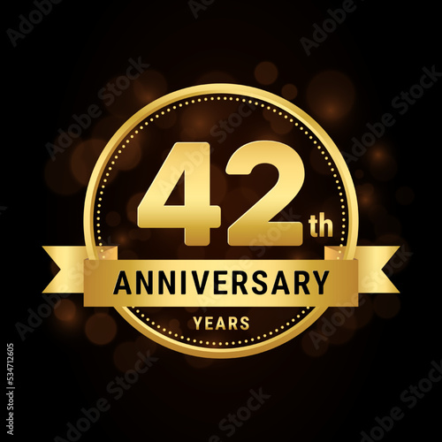 42th anniversary, anniversary celebration template design with gold ribbon. Logo vector illustration photo