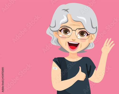 Senior pensioner woman with hand raised four times gesture and getting immunization showing vaccinated arm. Female person getting immunization because of age risks 