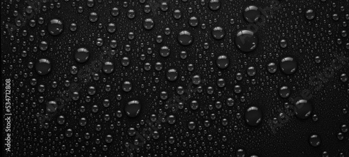 Water. Black background with raindrops. Macro. Top view.