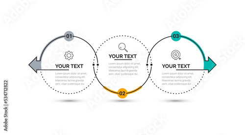Vector Modern infographic template. Business concept with 3 options. Creative circle elements design with marketing icons. diagram, flowchart, steps, parts, timeline infographics, workflow, chart.
