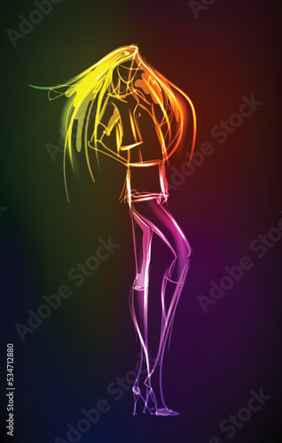 Hand-drawn fashion model from a neon. A light girls. Fashion girls. Stylish fashion model. Fashion woman