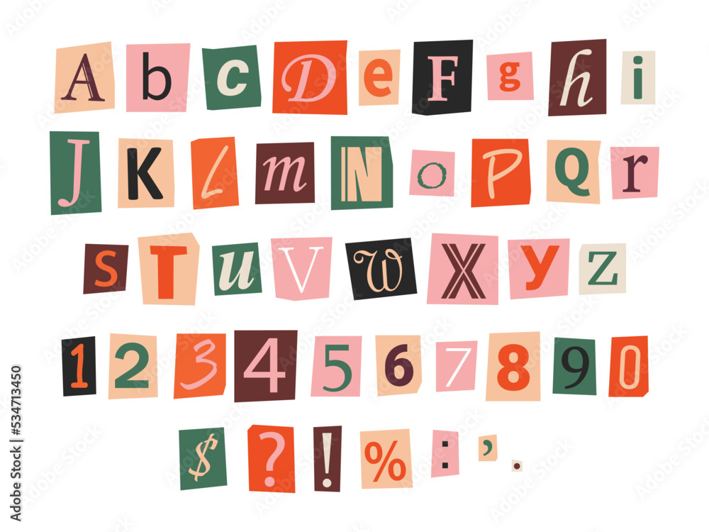 Vector ransom font in y2k style. Letters, numbers and punctuation marks cut-outs from newspaper or magazine. Criminal alphabet set. Retro ransom colorful text. Vector ransom font in y2k style. Letters, numbers and punctuation marks cut-outs from newspaper or magazine. Criminal alphabet set. Retro ransom colorful text.