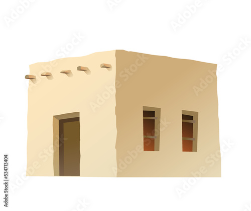 Arab clay simple hut. Middle Eastern adobe dwelling. Africa and Asia traditional house. Isolated on white background Vector.