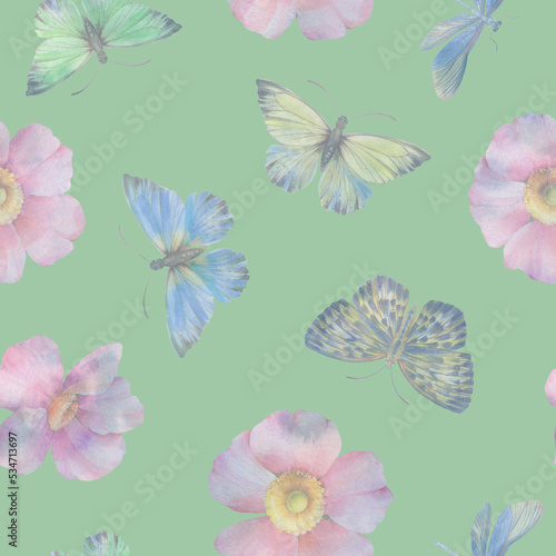 Seamless pattern of butterflies dragonflies and flowers. © Sergei