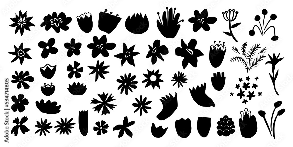 Black Scandinavian vector silhouette clip arts. Doodle floral elements for wallpaper, print, clothes, etc.