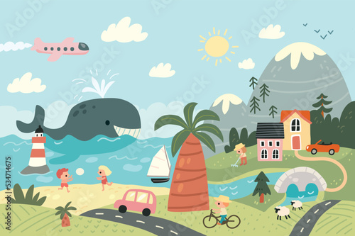 Childs style vector illustration of paradise landscape with shore and blue sea and sky. High mountains cozy harbor at beautiful sunny day. Big whale near the beacon. Corner of country land with river.