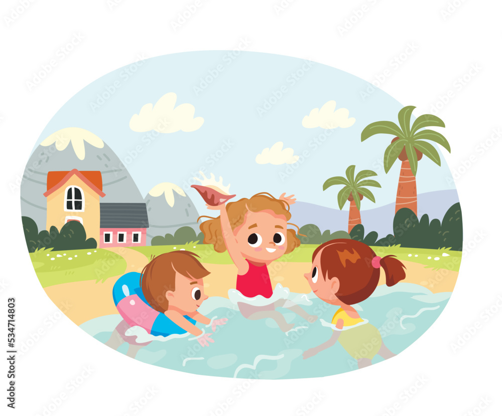 Kids bathing and swimming in blue river, lake, sea. Palms, mountains on background. Joyful children having a rest, enjoy summer vacation, sunbathing on seaside, girl found a shell. Vector illustration Kids bathing and swimming in blue river, lake, sea. Palms, mountains on background. Joyful children having a rest, enjoy summer vacation, sunbathing on seaside, girl found a shell. Vector illustration