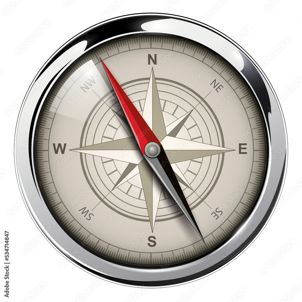 Compass with windrose icon illustration, 3d realistic vintage compass isolated. 