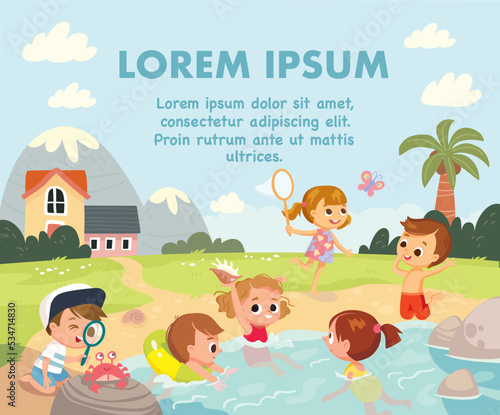 Vector illustration. Joyful children enjoy summer vacation, sunbathing on seaside. Kids bathing and swimming in blue sea water, palms, mountains on background. Boy looks at crab with magnifying glass