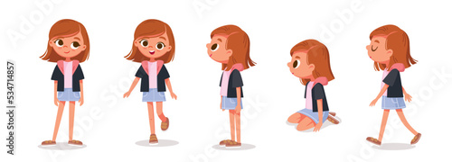 Vector set. Little girl with big eyes and long brown red hair in various poses, standing, jumping and walking. Cartoon characters.