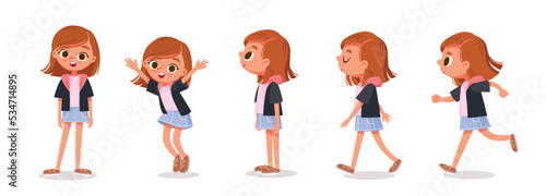 Vector set. Little girl with big eyes and long brown red hair in various poses, standing, jumping and walking. Cartoon characters.