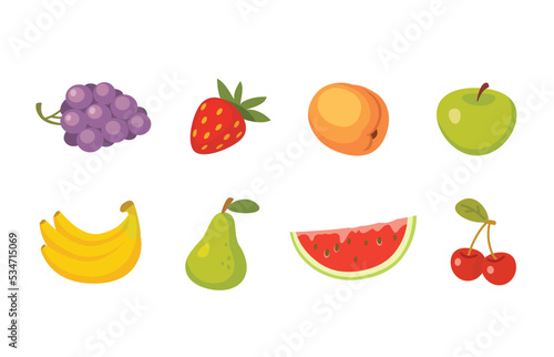 Fototapeta Naklejka Na Ścianę i Meble -  Fruits vector collections. Set of fruits and berries icons, healthy food. Food and meal vector isolated clipart. Assortment of different fruits and berries.