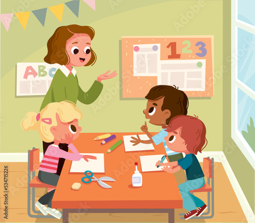 Creative Arts and Crafts Classes. Teacher and kids make paper DIY. After School Activities. Woman teach children, pupils to do things from paper at classroom. Creative children learn to do handicrafts