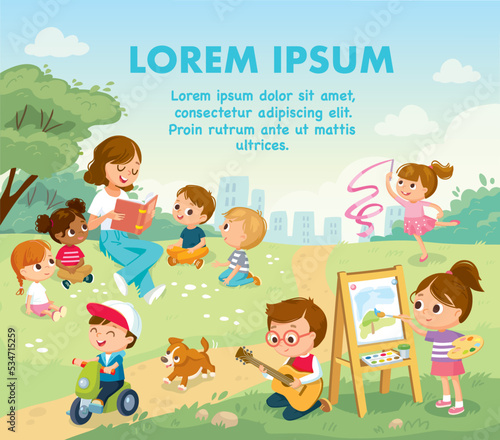 Group of children having fun, spending time in games, playing, fooling around on lawn. Summer events. Kids in park, summer camp. Nanny, teacher, mother reads book to children. Girl paints watercolor.