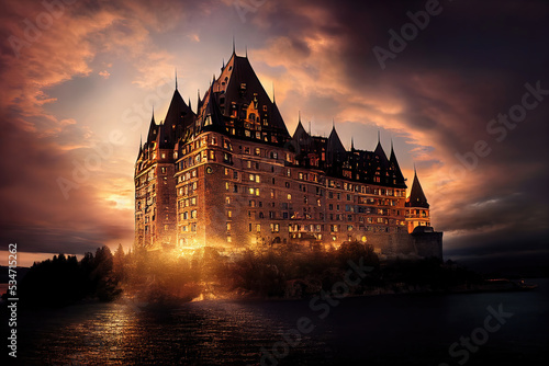 AI generated image of a large hotel based on Fairmont Le Chateau Frontenac in Quebec photo