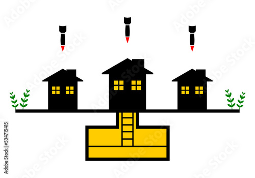 Building house with basement bunker underground protect war damage bombardment missile rocket warhead frying air strikes black icon flat vector design.