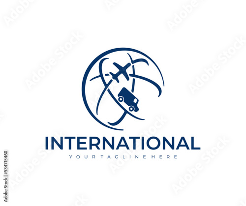 Logistics, delivery and cargo transportation, plane and van, logo design. Global logistics industry and international trade with transportation network, vector design and illustration