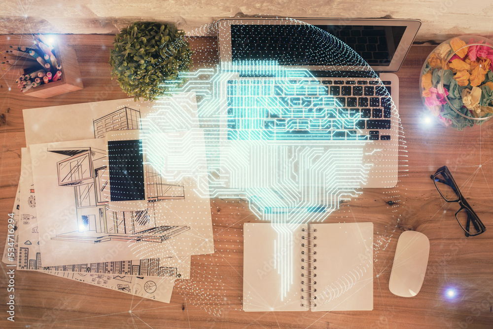 Double exposure of brain drawing hologram over topview work table background with computer. Concept of big data. Double exposure of brain drawing hologram over topview work table background with computer. Concept of big data.