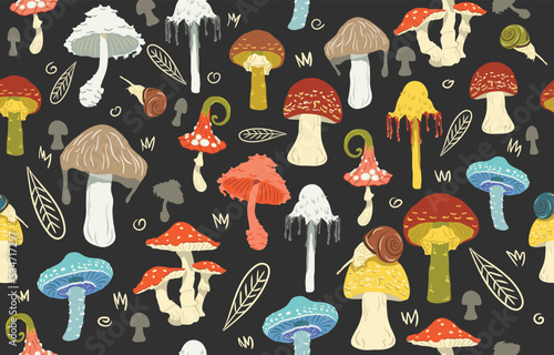 Cute mushrooms seamless repeated pattern on a black background. Vector seamless pattern with edible raw mushrooms. Flat Vector Illustration