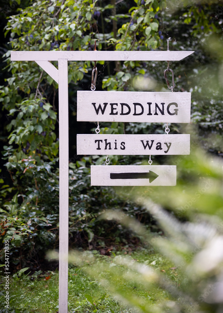Wedding ceremony this way wooden sign in countryside