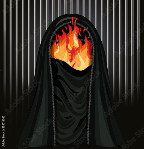 Burka is like a prison. Muslim woman in burqa with flame and metal bars, background vector illustration